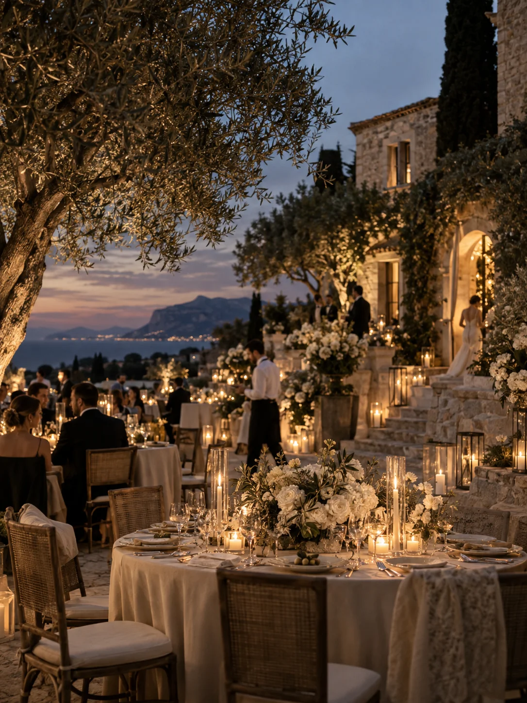 AI concept of a candlelit destination wedding at a stone villa